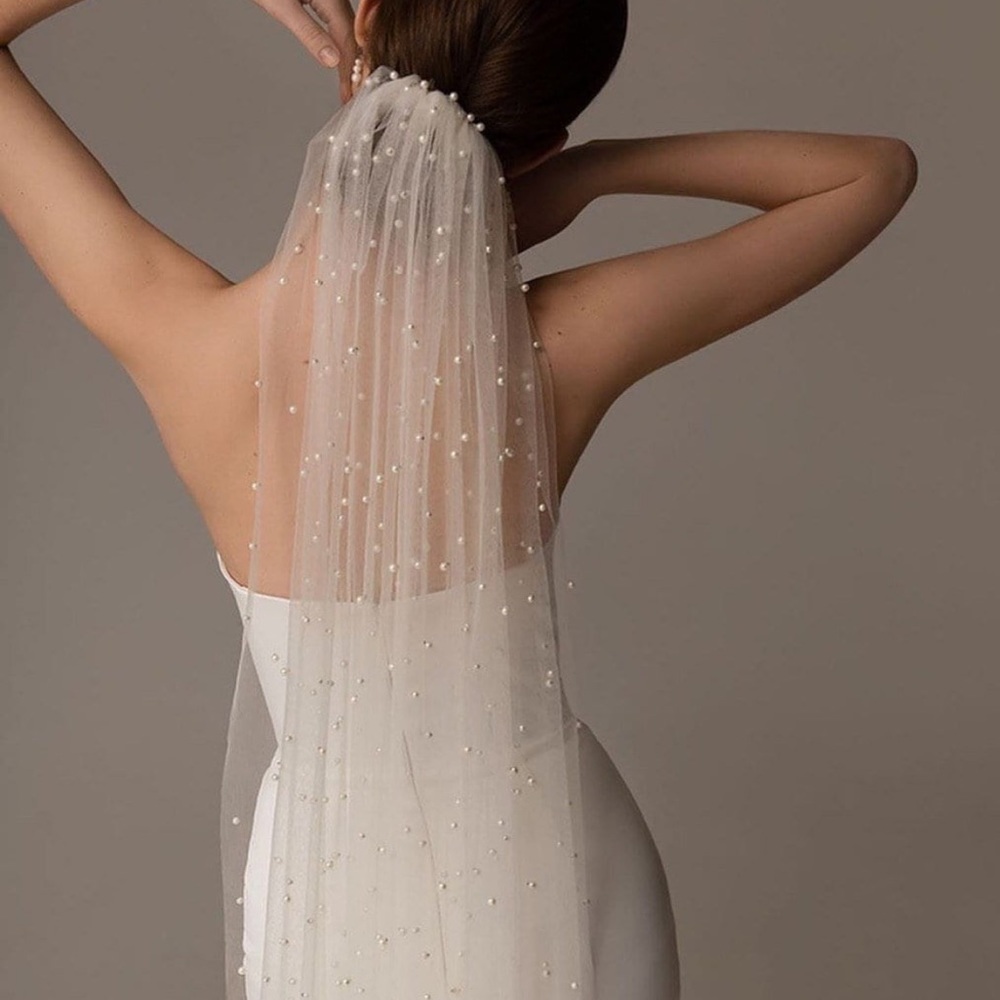 Pearl Cathedral Length Wedding Veil in Pure White